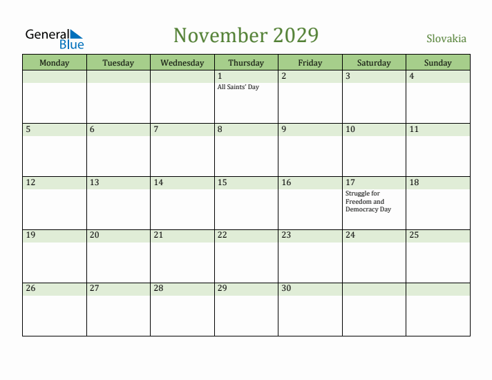 November 2029 Calendar with Slovakia Holidays