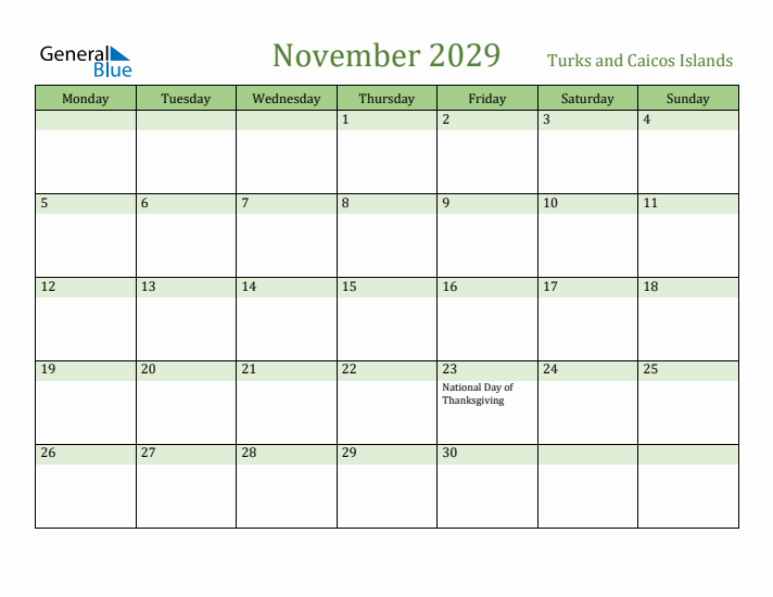 November 2029 Calendar with Turks and Caicos Islands Holidays