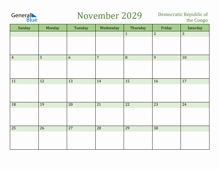 November 2029 Calendar with Democratic Republic of the Congo Holidays