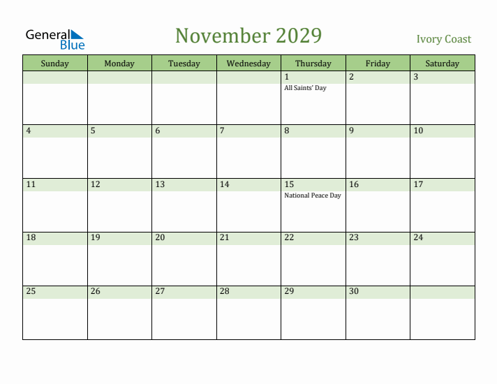 November 2029 Calendar with Ivory Coast Holidays