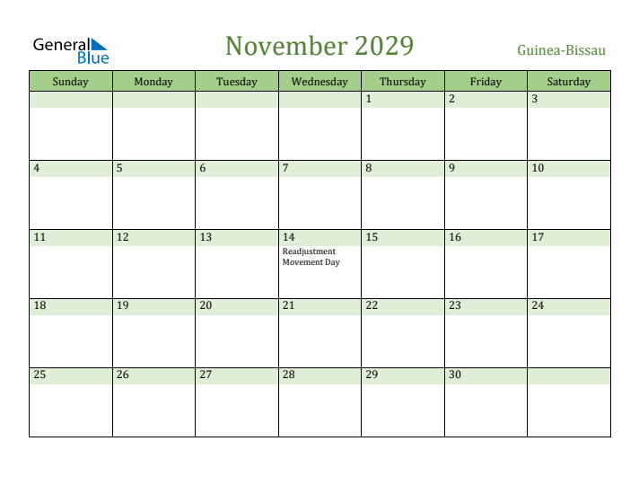 November 2029 Calendar with Guinea-Bissau Holidays
