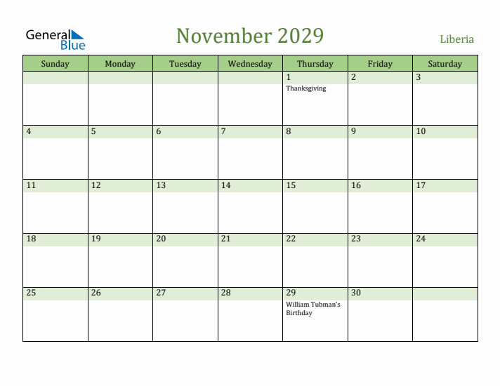 November 2029 Calendar with Liberia Holidays