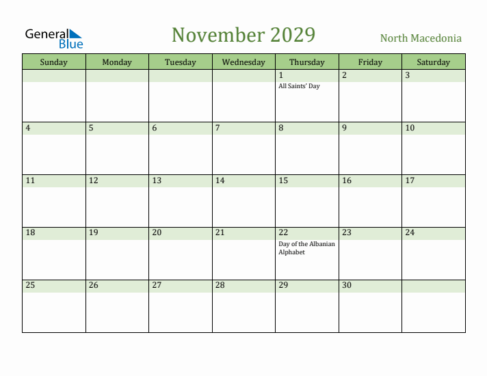 November 2029 Calendar with North Macedonia Holidays