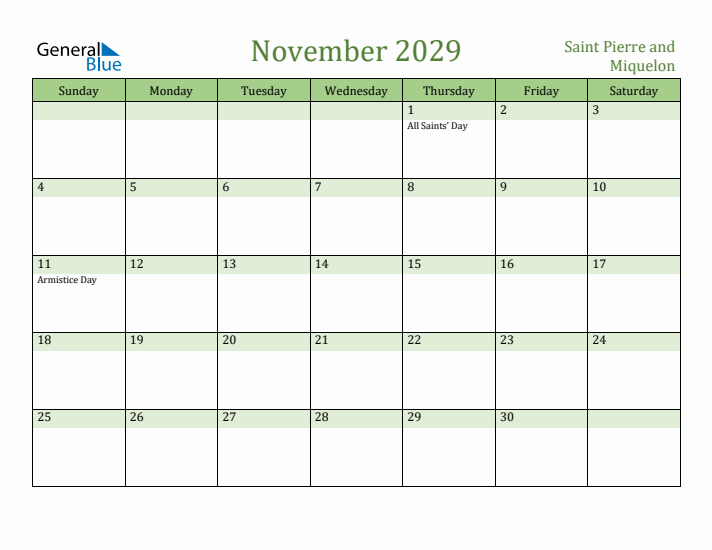 November 2029 Calendar with Saint Pierre and Miquelon Holidays