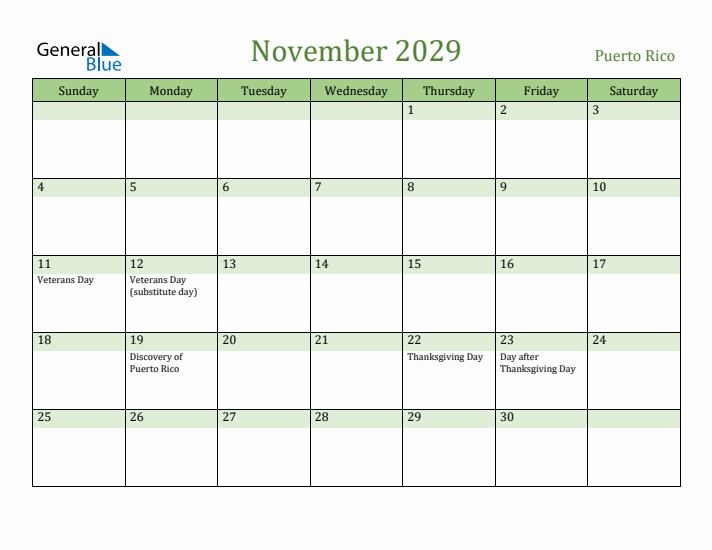 November 2029 Calendar with Puerto Rico Holidays