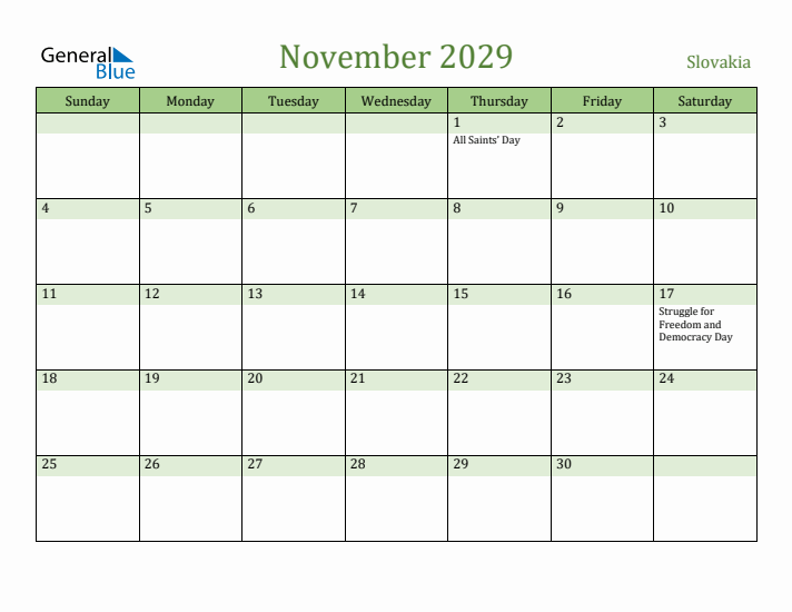 November 2029 Calendar with Slovakia Holidays