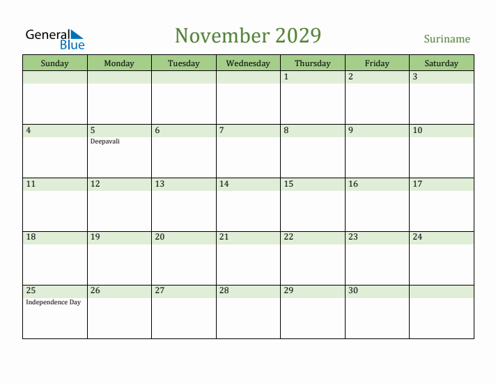 November 2029 Calendar with Suriname Holidays