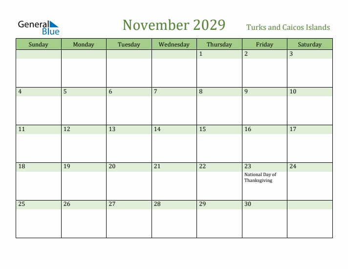 November 2029 Calendar with Turks and Caicos Islands Holidays