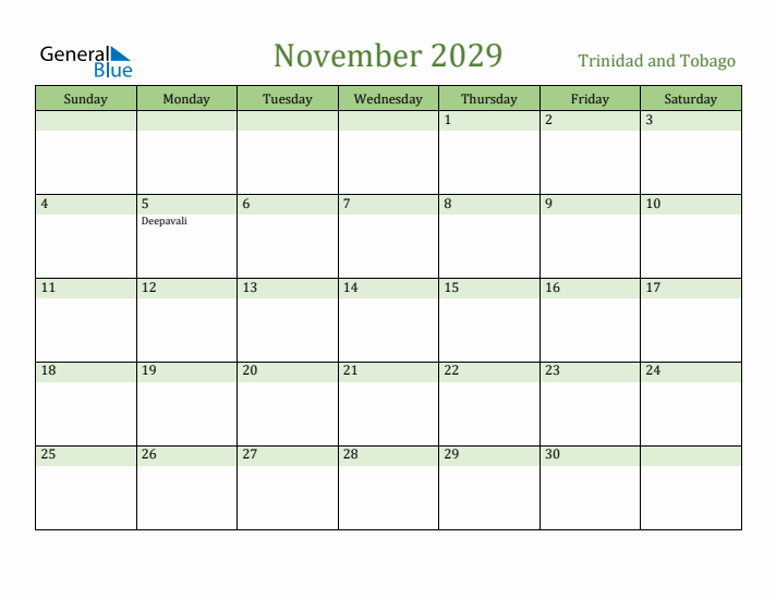 November 2029 Calendar with Trinidad and Tobago Holidays