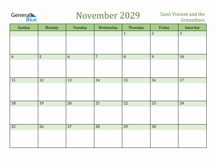 November 2029 Calendar with Saint Vincent and the Grenadines Holidays