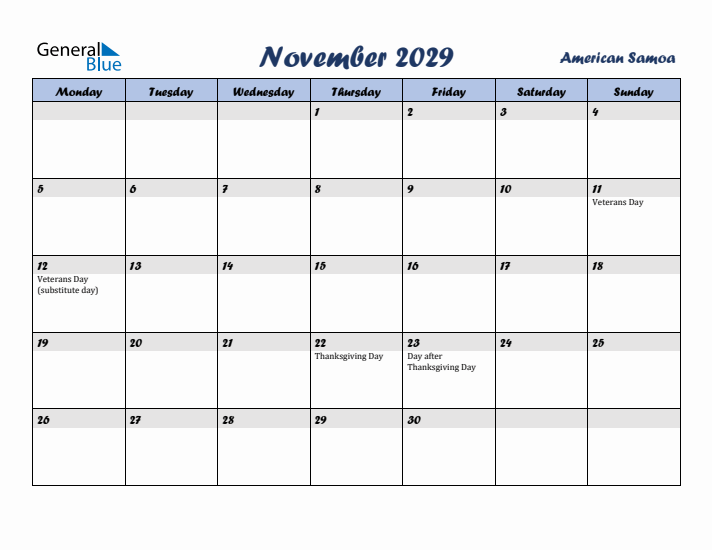 November 2029 Calendar with Holidays in American Samoa