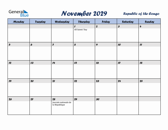 November 2029 Calendar with Holidays in Republic of the Congo