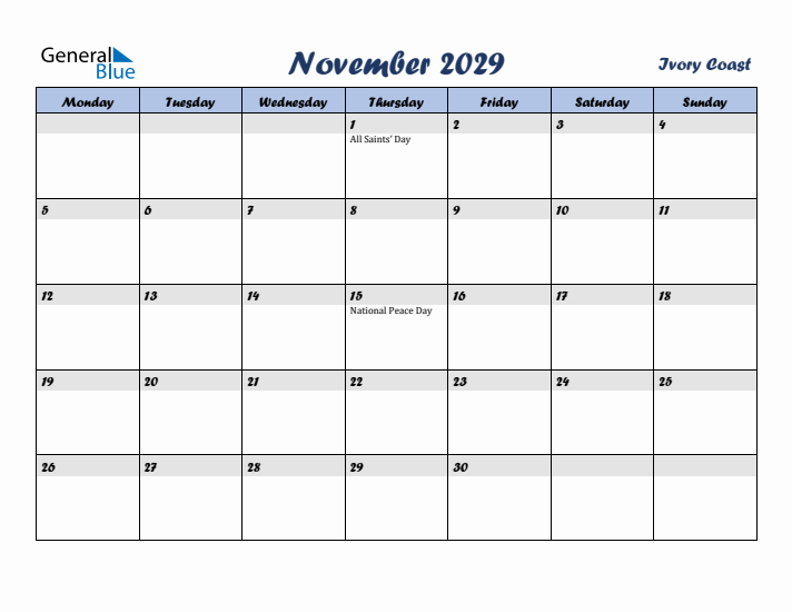 November 2029 Calendar with Holidays in Ivory Coast