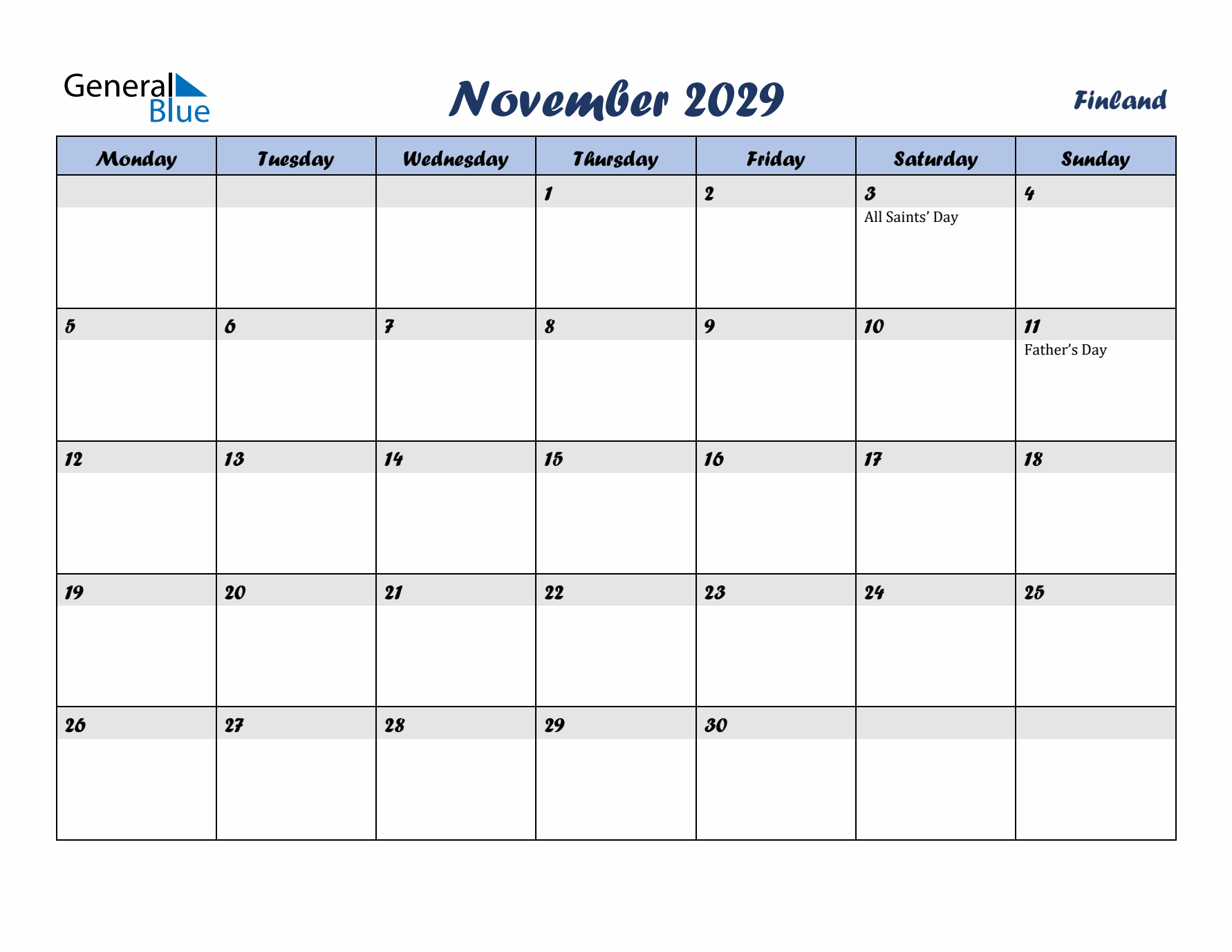 November 2029 Calendar with Holidays in Finland