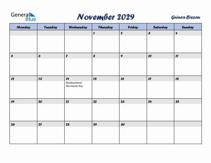 November 2029 Calendar with Holidays in Guinea-Bissau