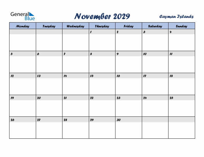 November 2029 Calendar with Holidays in Cayman Islands