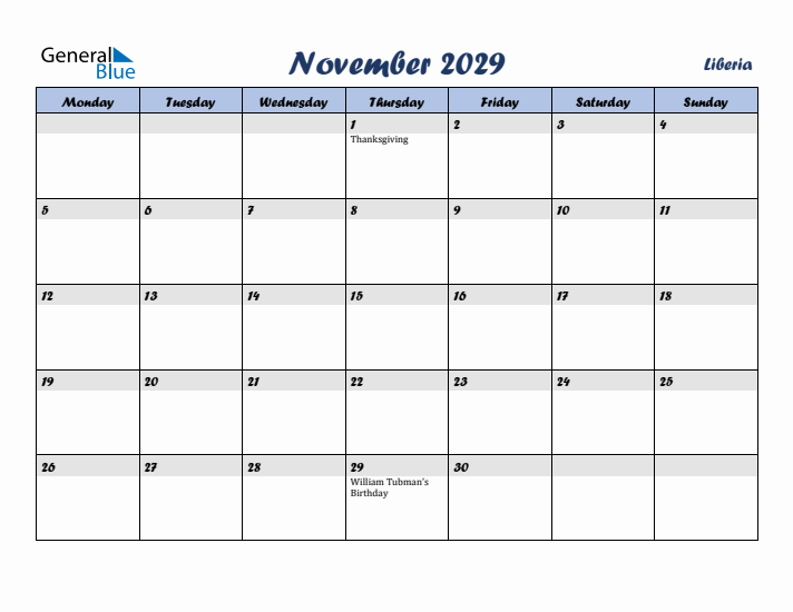 November 2029 Calendar with Holidays in Liberia