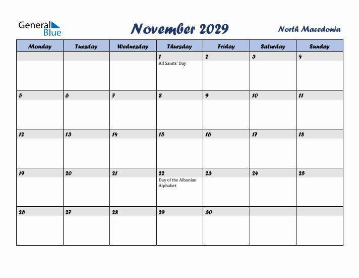 November 2029 Calendar with Holidays in North Macedonia