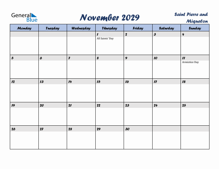 November 2029 Calendar with Holidays in Saint Pierre and Miquelon