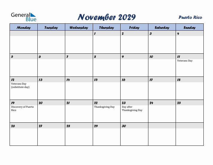 November 2029 Calendar with Holidays in Puerto Rico