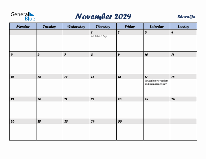 November 2029 Calendar with Holidays in Slovakia
