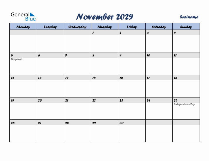 November 2029 Calendar with Holidays in Suriname