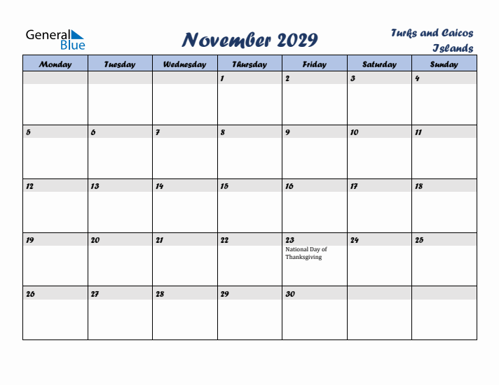 November 2029 Calendar with Holidays in Turks and Caicos Islands