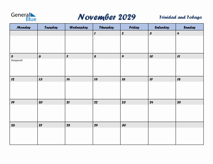 November 2029 Calendar with Holidays in Trinidad and Tobago