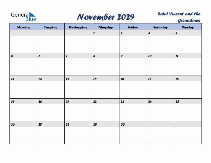 November 2029 Calendar with Holidays in Saint Vincent and the Grenadines