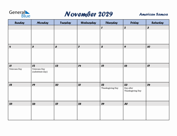 November 2029 Calendar with Holidays in American Samoa