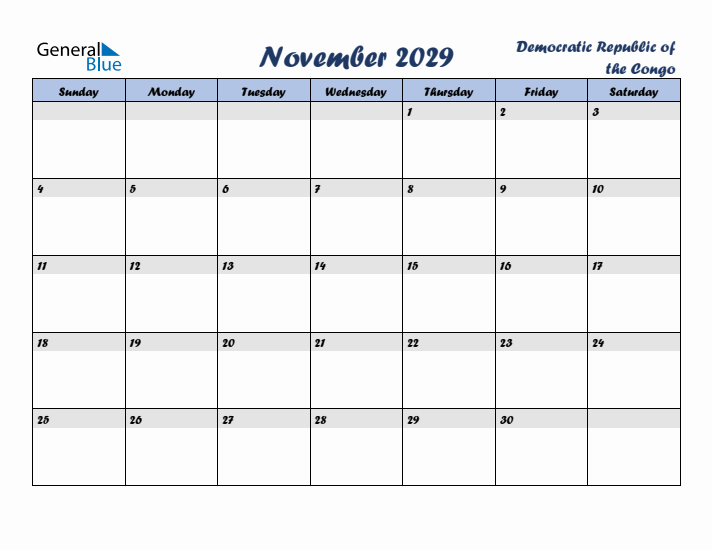 November 2029 Calendar with Holidays in Democratic Republic of the Congo