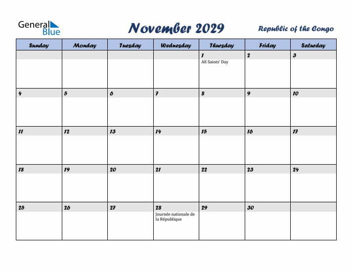 November 2029 Calendar with Holidays in Republic of the Congo