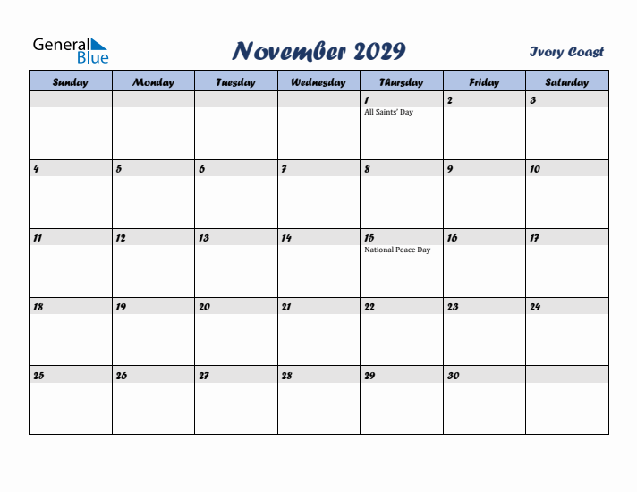November 2029 Calendar with Holidays in Ivory Coast