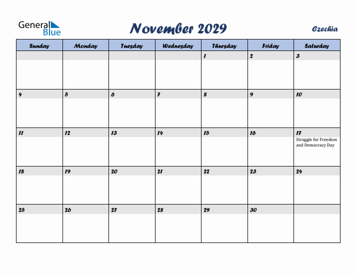 November 2029 Calendar with Holidays in Czechia
