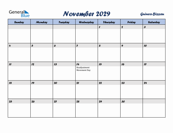 November 2029 Calendar with Holidays in Guinea-Bissau
