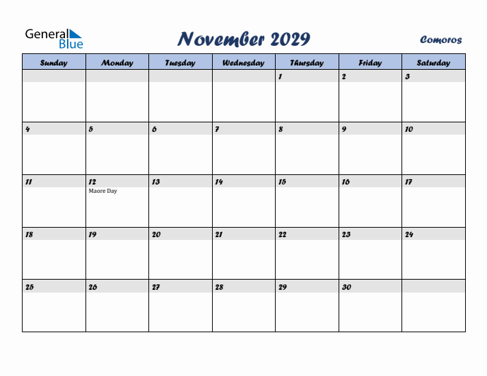 November 2029 Calendar with Holidays in Comoros