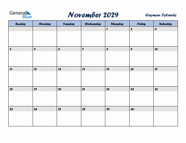 November 2029 Calendar with Holidays in Cayman Islands