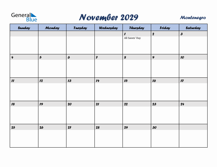 November 2029 Calendar with Holidays in Montenegro
