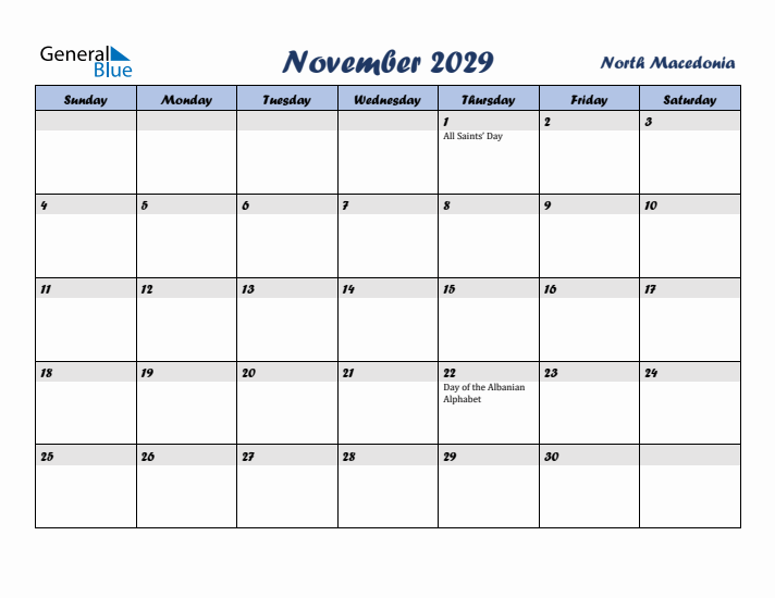November 2029 Calendar with Holidays in North Macedonia