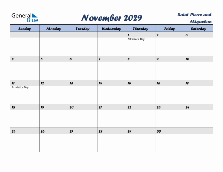 November 2029 Calendar with Holidays in Saint Pierre and Miquelon