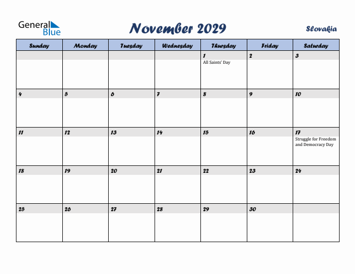 November 2029 Calendar with Holidays in Slovakia