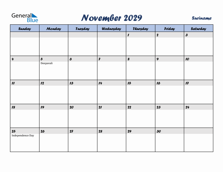 November 2029 Calendar with Holidays in Suriname