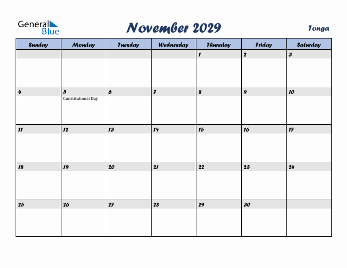 November 2029 Calendar with Holidays in Tonga