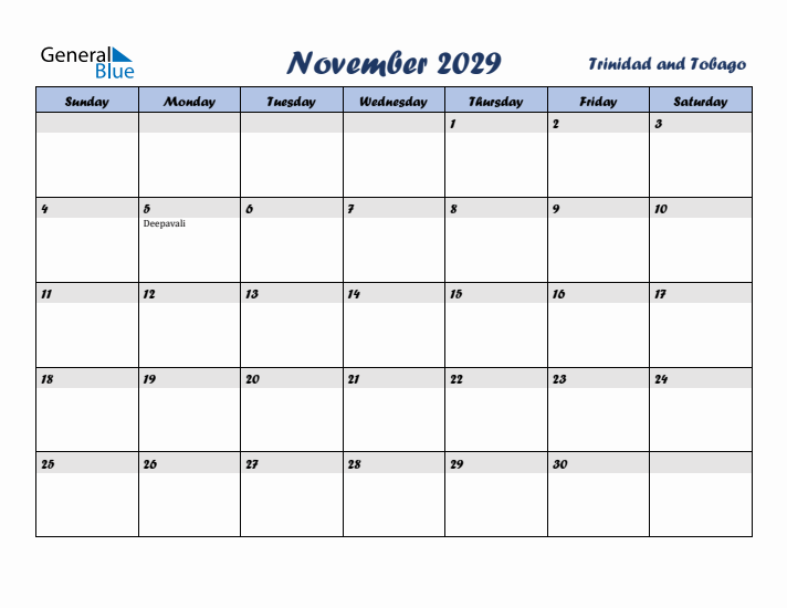 November 2029 Calendar with Holidays in Trinidad and Tobago