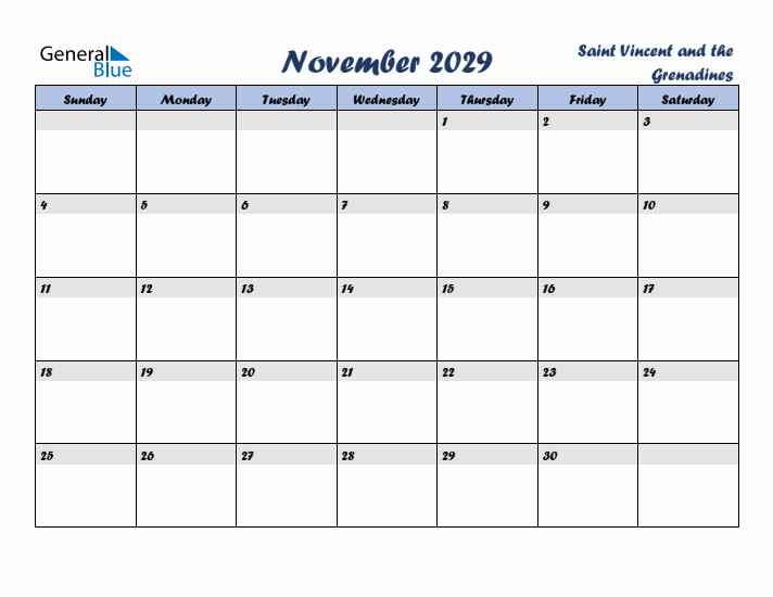 November 2029 Calendar with Holidays in Saint Vincent and the Grenadines