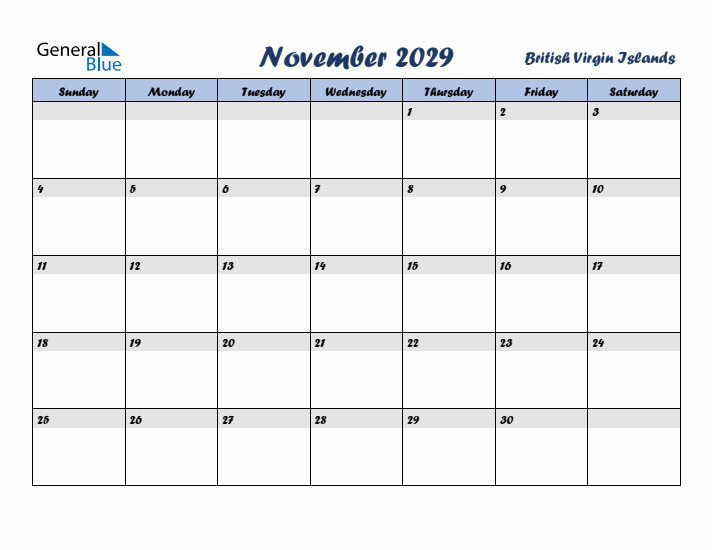 November 2029 Calendar with Holidays in British Virgin Islands