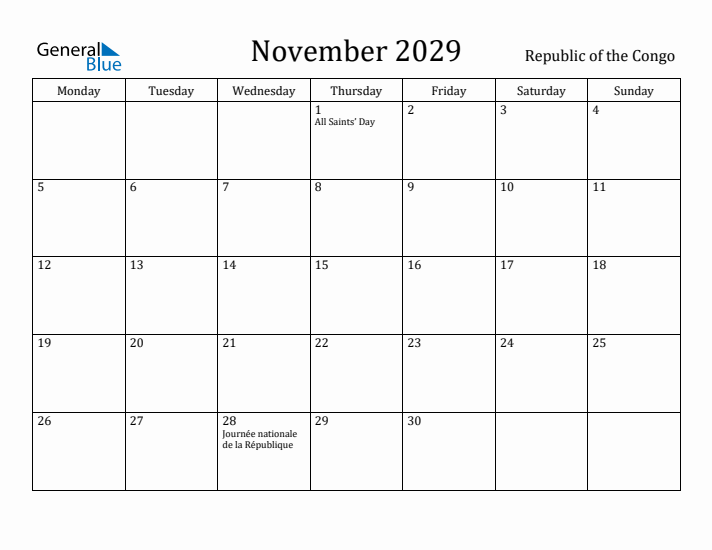 November 2029 Calendar Republic of the Congo