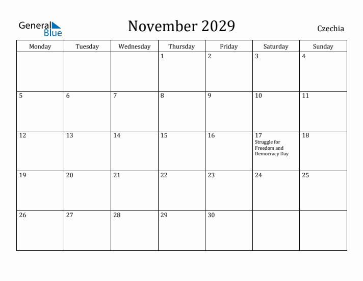 November 2029 Calendar Czechia