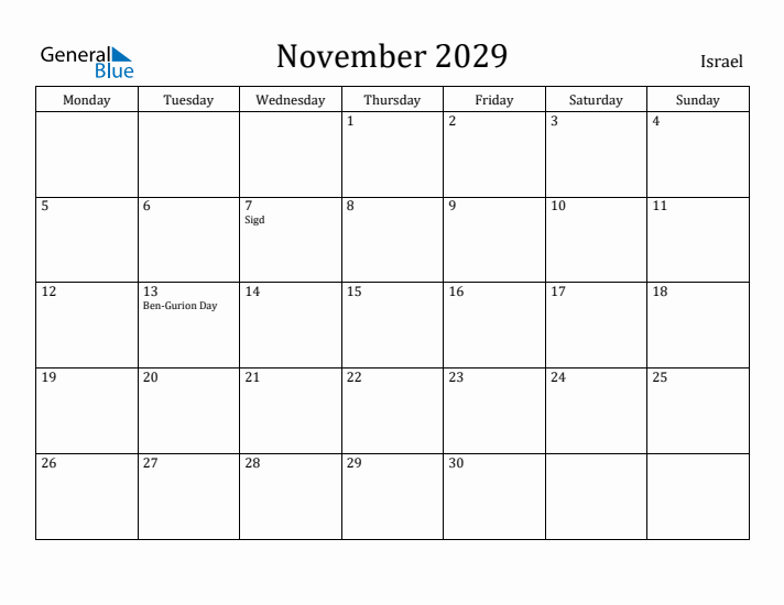 November 2029 Calendar Israel