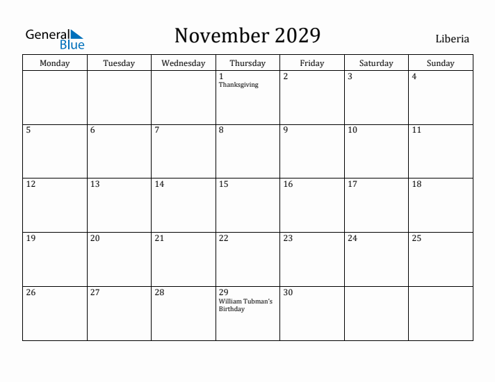 November 2029 Calendar Liberia